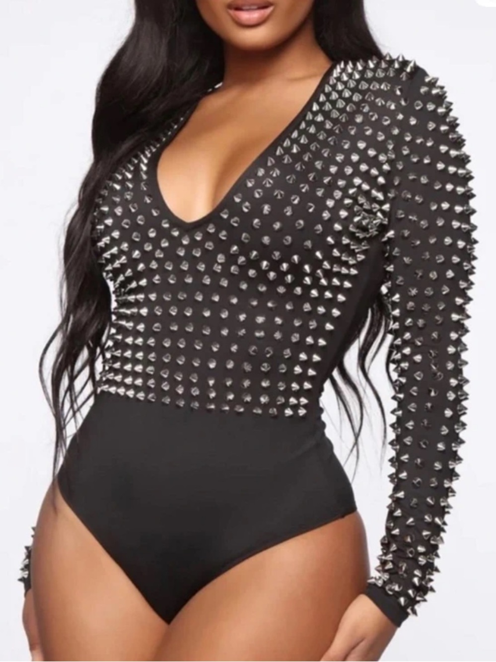 AKIRA Large Baby You Rock My World Longsleveed Studded Bodysuit Black and Silver